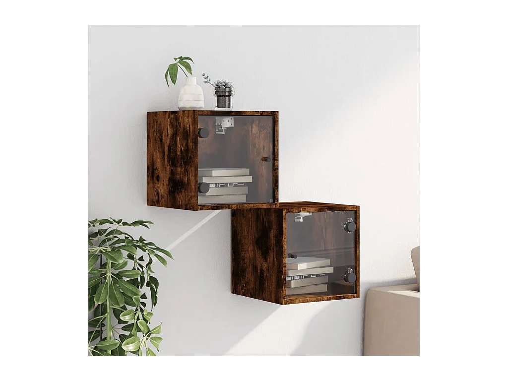 Mesitas de noche | Mesilla de noche puertas de vidrio 2 uds roble ahumado 35x37x35 cm