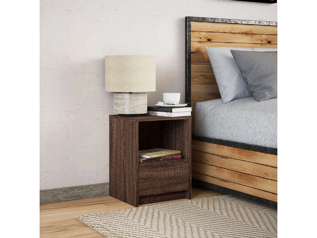 Nachttisch-Beistelltisch mit LED-Leuchten Braun Eichen-Optik Holzwerkstoff SHL60882