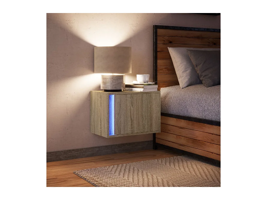 Mesita de noche | Mesilla de noche de pared con luces LED roble Sonoma