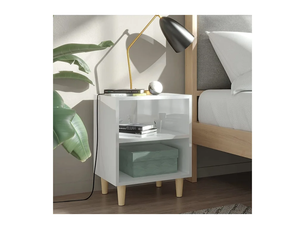Mesitas de noche | Mesilla de noche patas madera 2 uds blanco brillo 40x30x50 cm