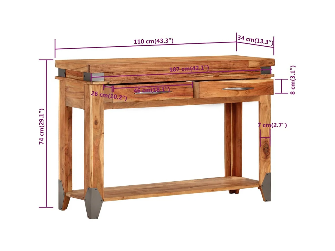 Mesa consola | Mesa auxiliar de madera maciza de acacia 110x34x74 cm