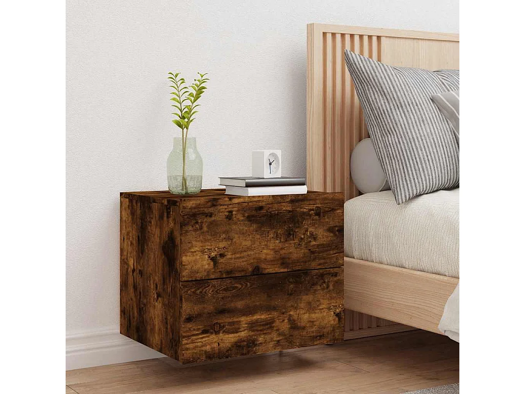 Nachttisch hängend | Wand-Nachttisch mit LED-Leuchten Räuchereiche SHL73905