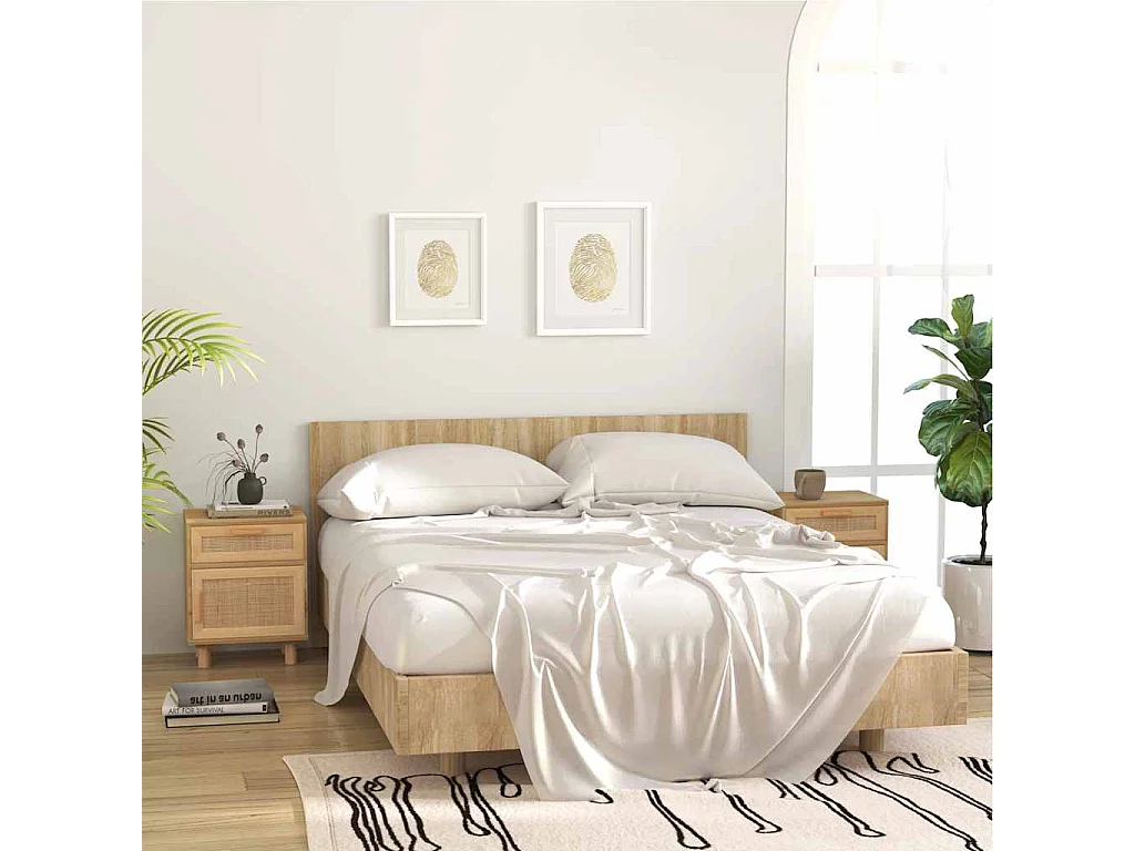 Nachttisch 2er Set-Beistelltisch Braun Massivholz Kiefer und Natur-Rattan SHL47410