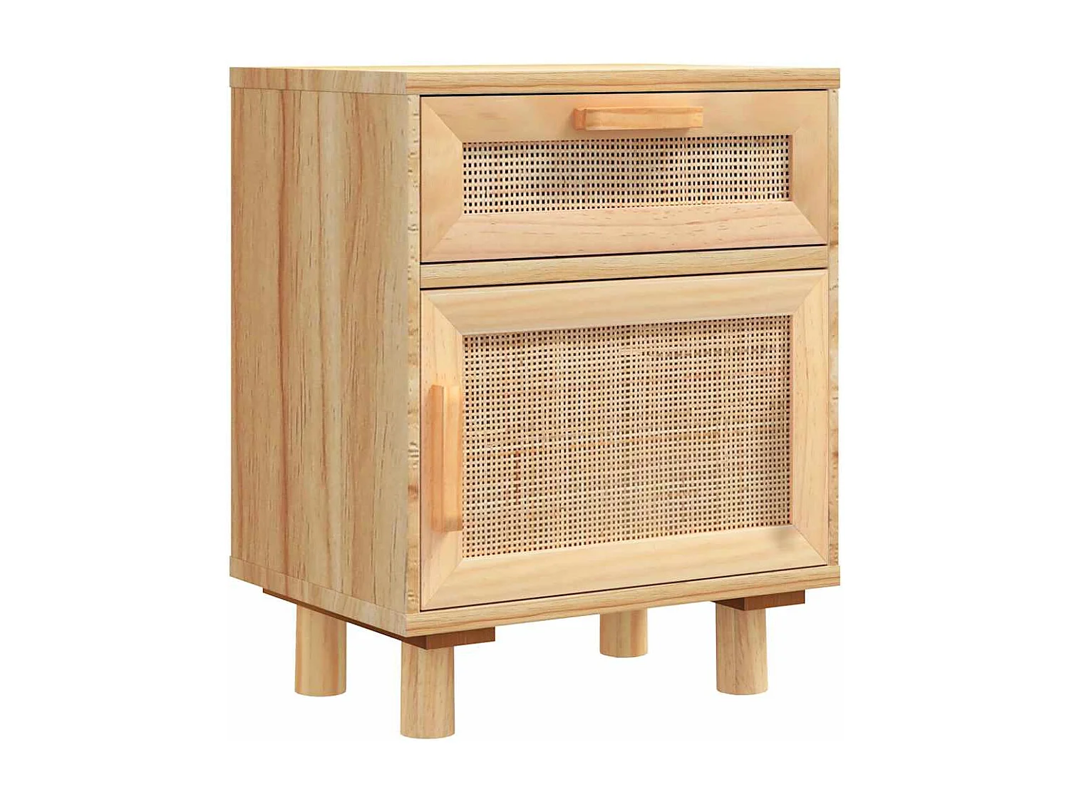 Nachttisch 2er Set-Beistelltisch Braun Massivholz Kiefer und Natur-Rattan SHL47410