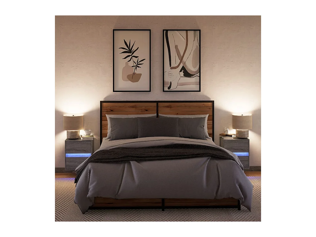 Mesitas de noche | Mesilla de noche de pared con luces LED 2 unidades gris Sonoma