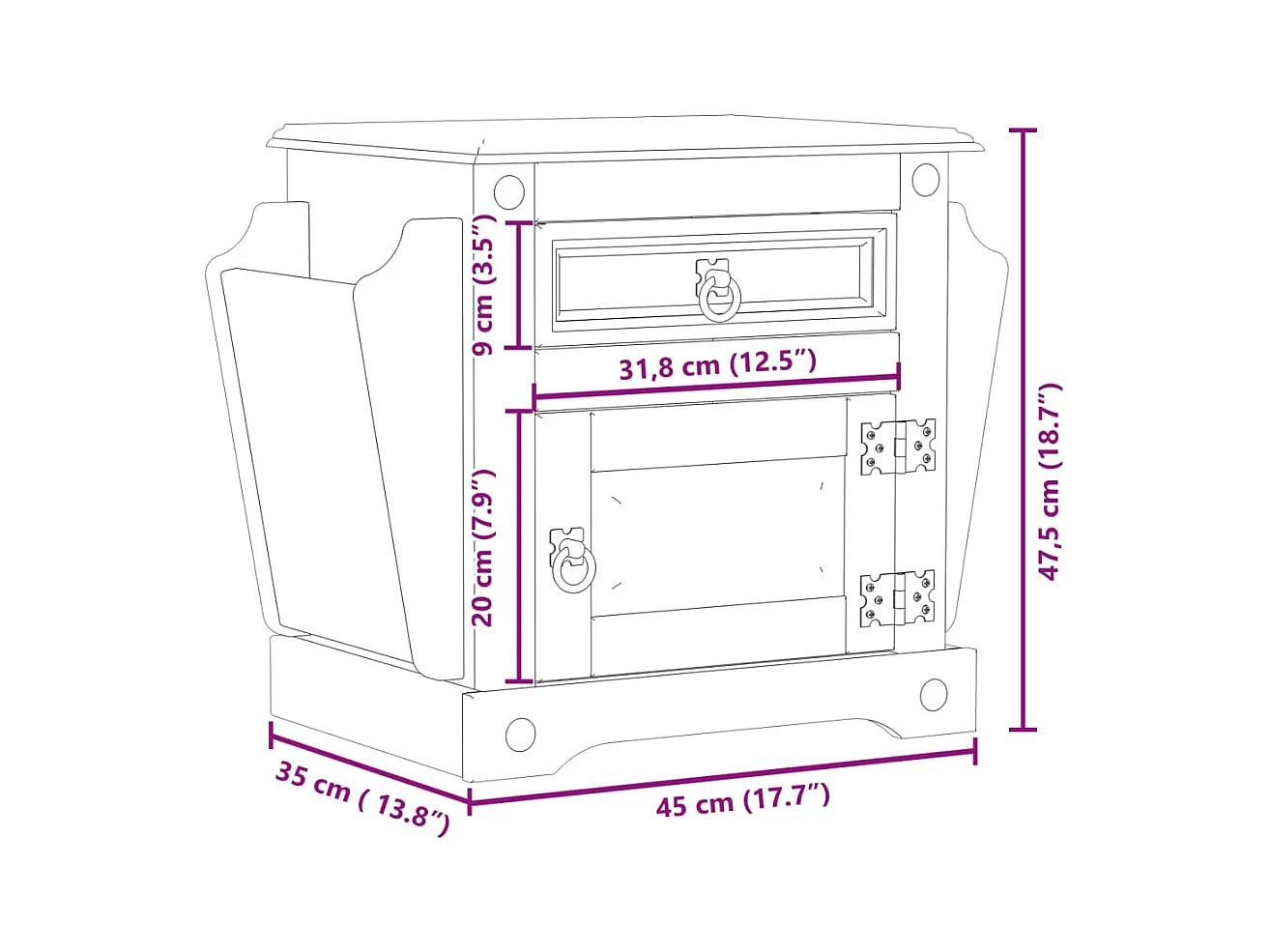 Table de chevet-Table d'appoint-Table de Nuit Corona 45x35x47,5 cm bois de pin massif