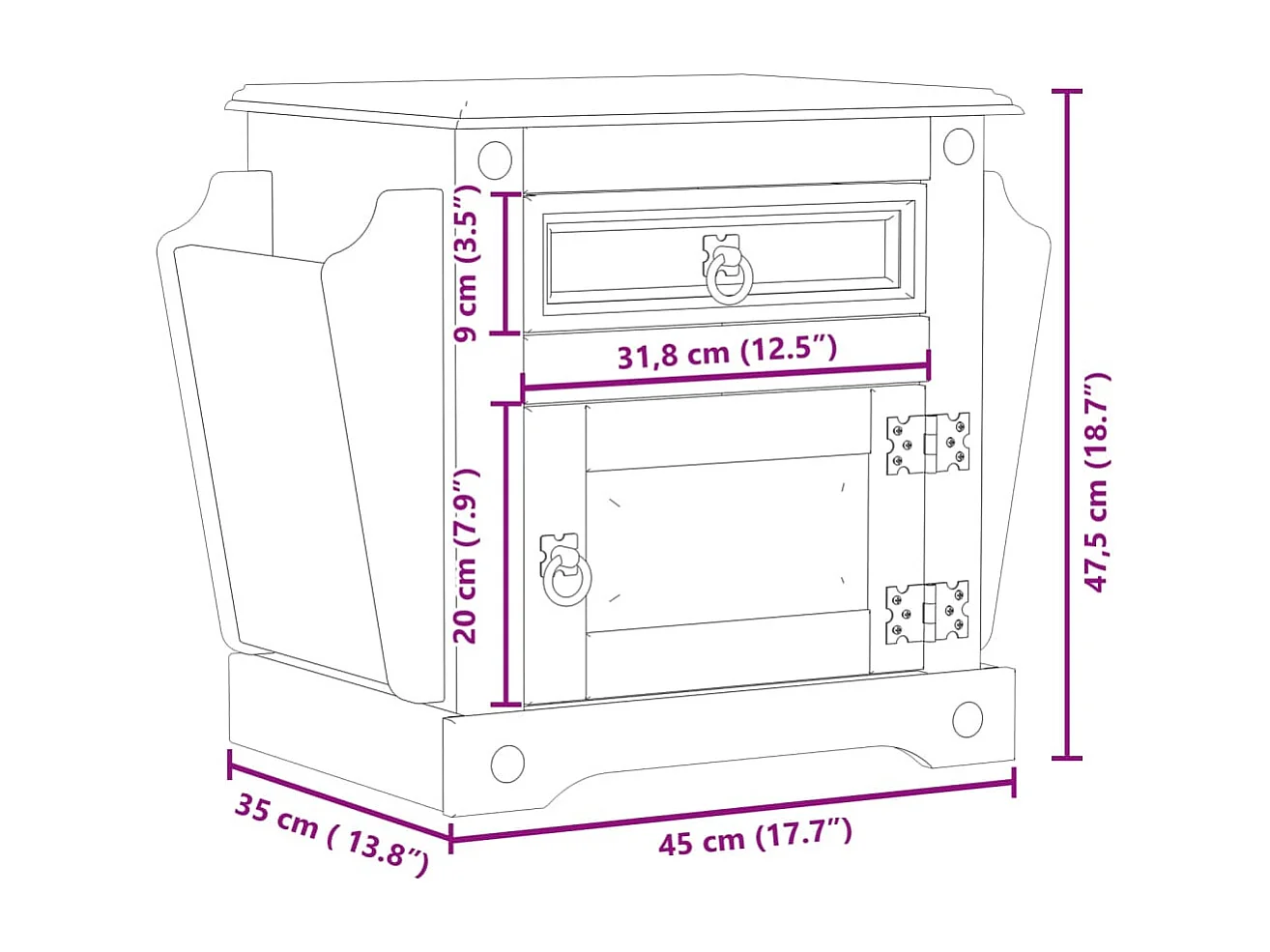 Nachttisch-Beistelltisch Corona 45x35x47,5 cm Massivholz Kiefer SHL8243