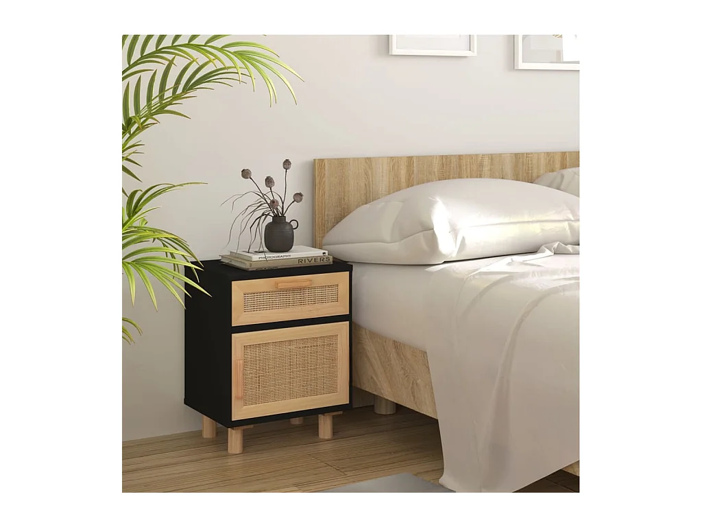Mesita de noche | Mesilla de noche madera maciza pino negra y ratán natural