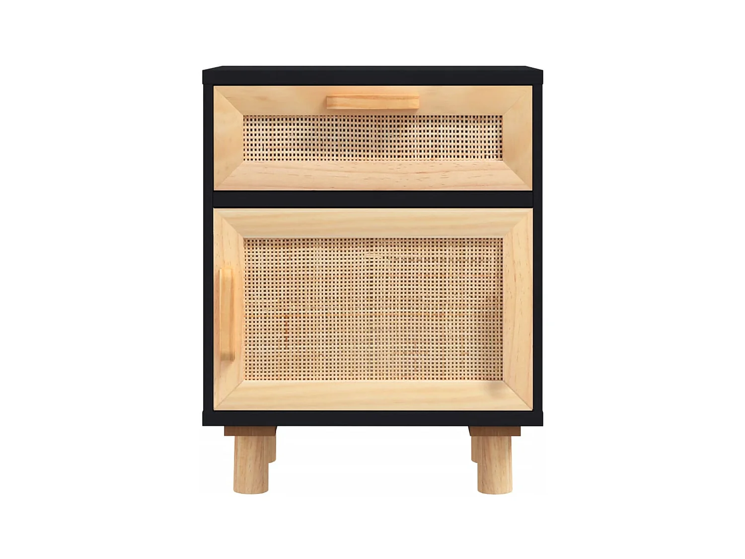 Mesita de noche | Mesilla de noche madera maciza pino negra y ratán natural