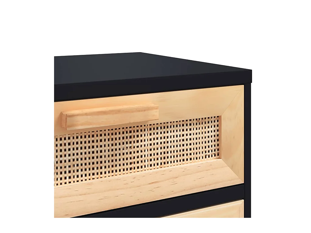 Mesita de noche | Mesilla de noche madera maciza pino negra y ratán natural