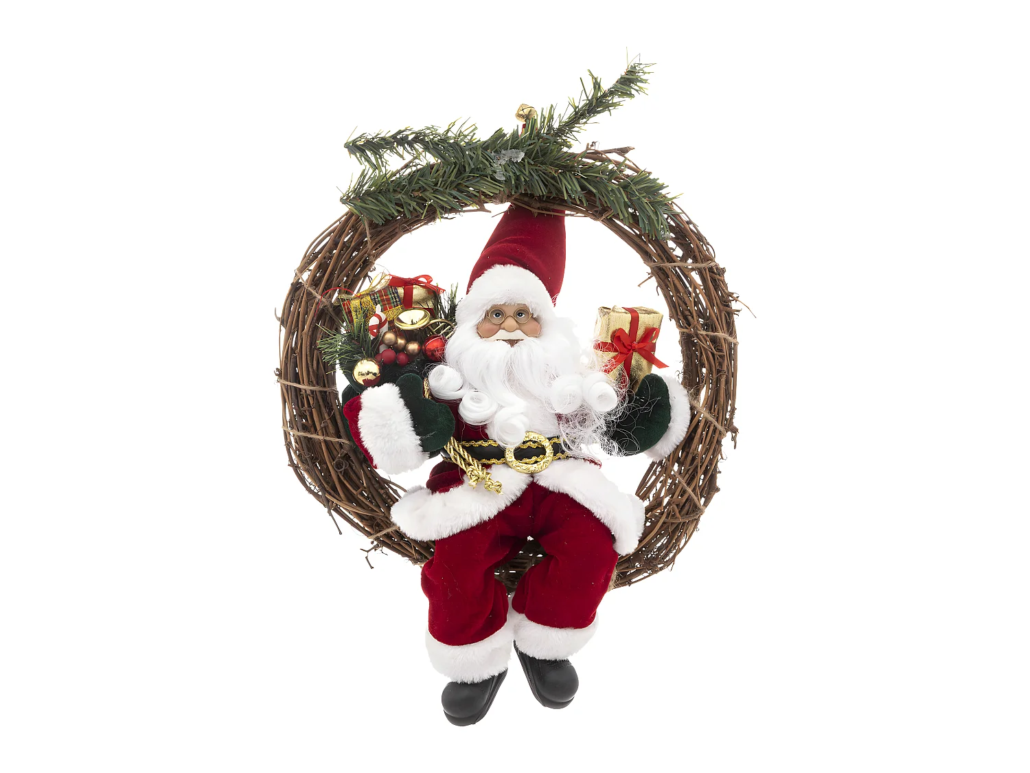 Couronne avec Père Noël traditionnel en velours rouge et fourrure blanche H 30 cm