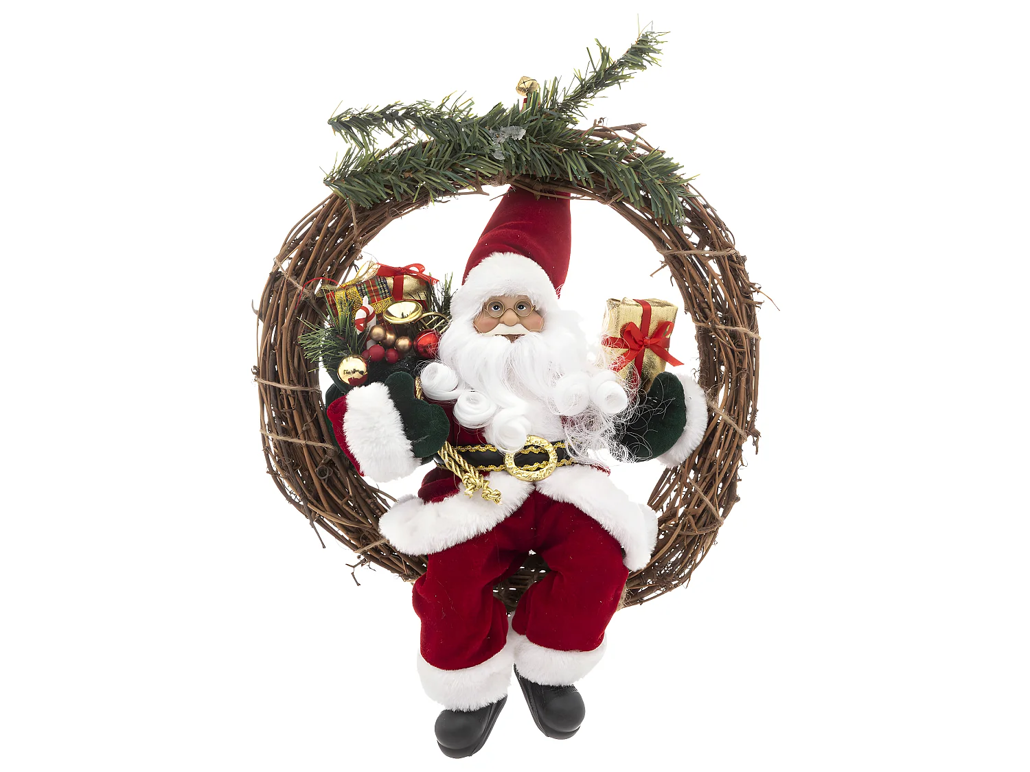 Couronne avec Père Noël traditionnel en velours rouge et fourrure blanche H 30 cm