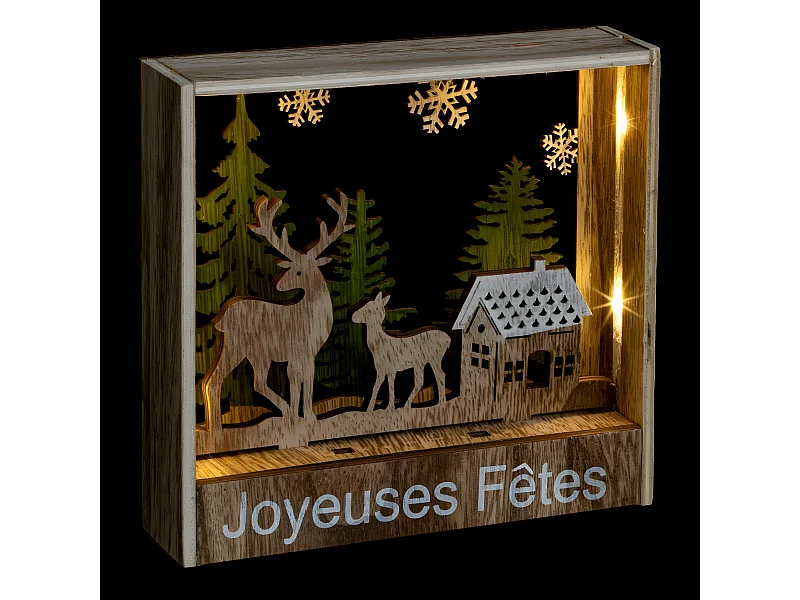 Déco de Noël  lumineuse à poser Cadre en Bois Rennes 26 LED H 17 cm