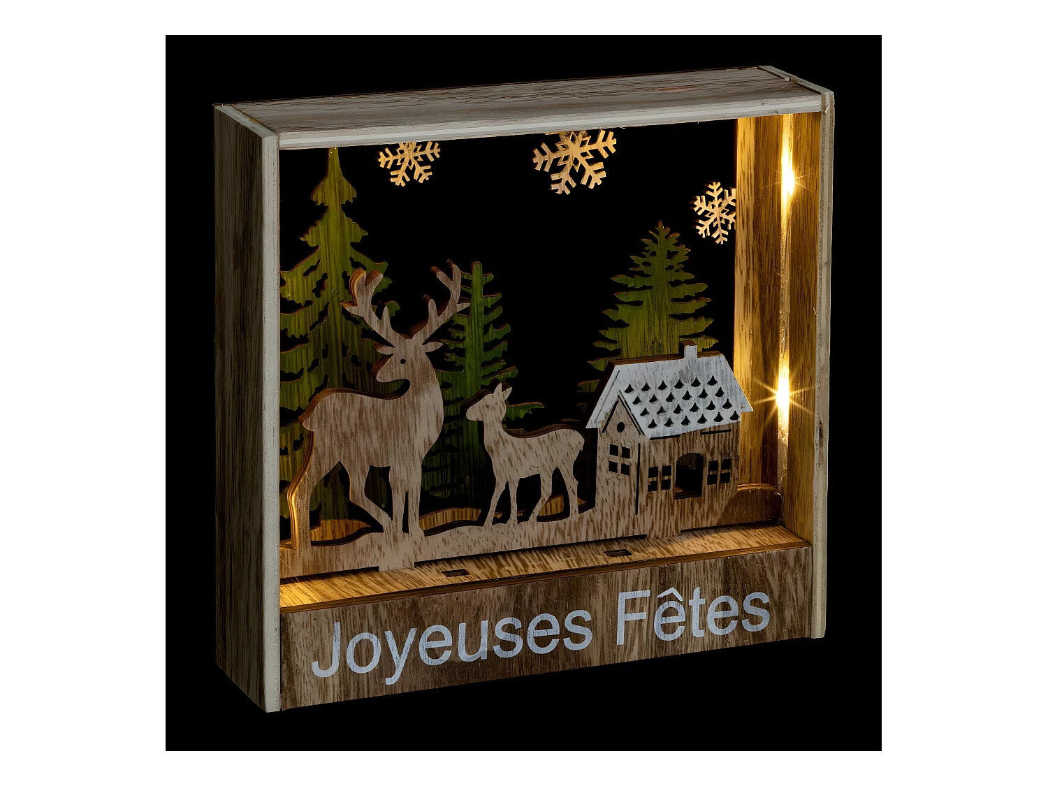 Déco de Noël  lumineuse à poser Cadre en Bois Rennes 26 LED H 17 cm