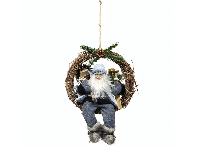 Couronne de  Noël avec Père Noël skieur en fourrure grise