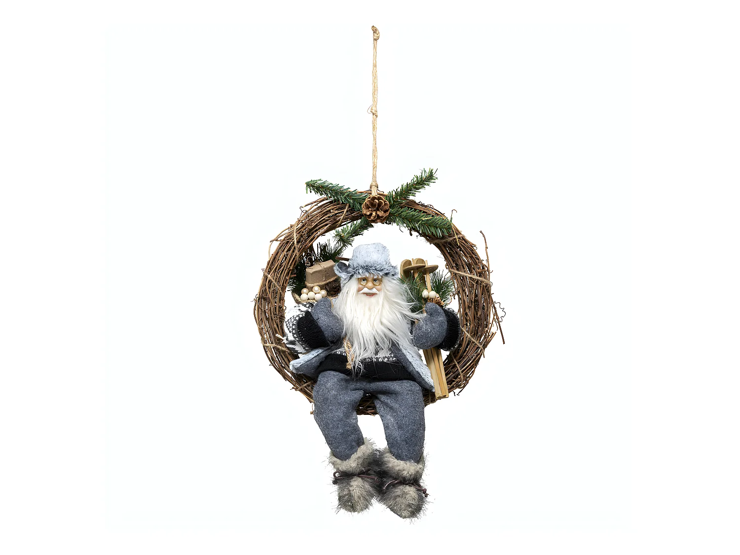 Couronne de  Noël avec Père Noël skieur en fourrure grise