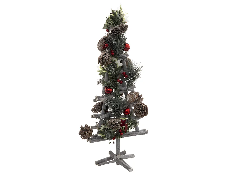 Sapin en bois décoré avec branches, boules et pommes de pin H 55 cm