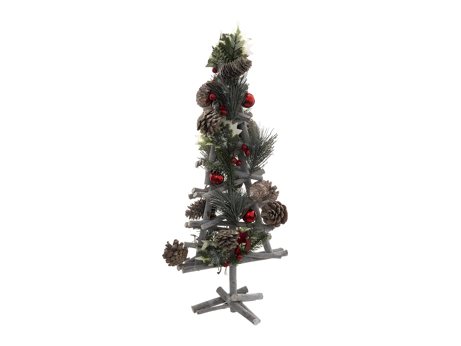 Sapin en bois décoré avec branches, boules et pommes de pin H 55 cm