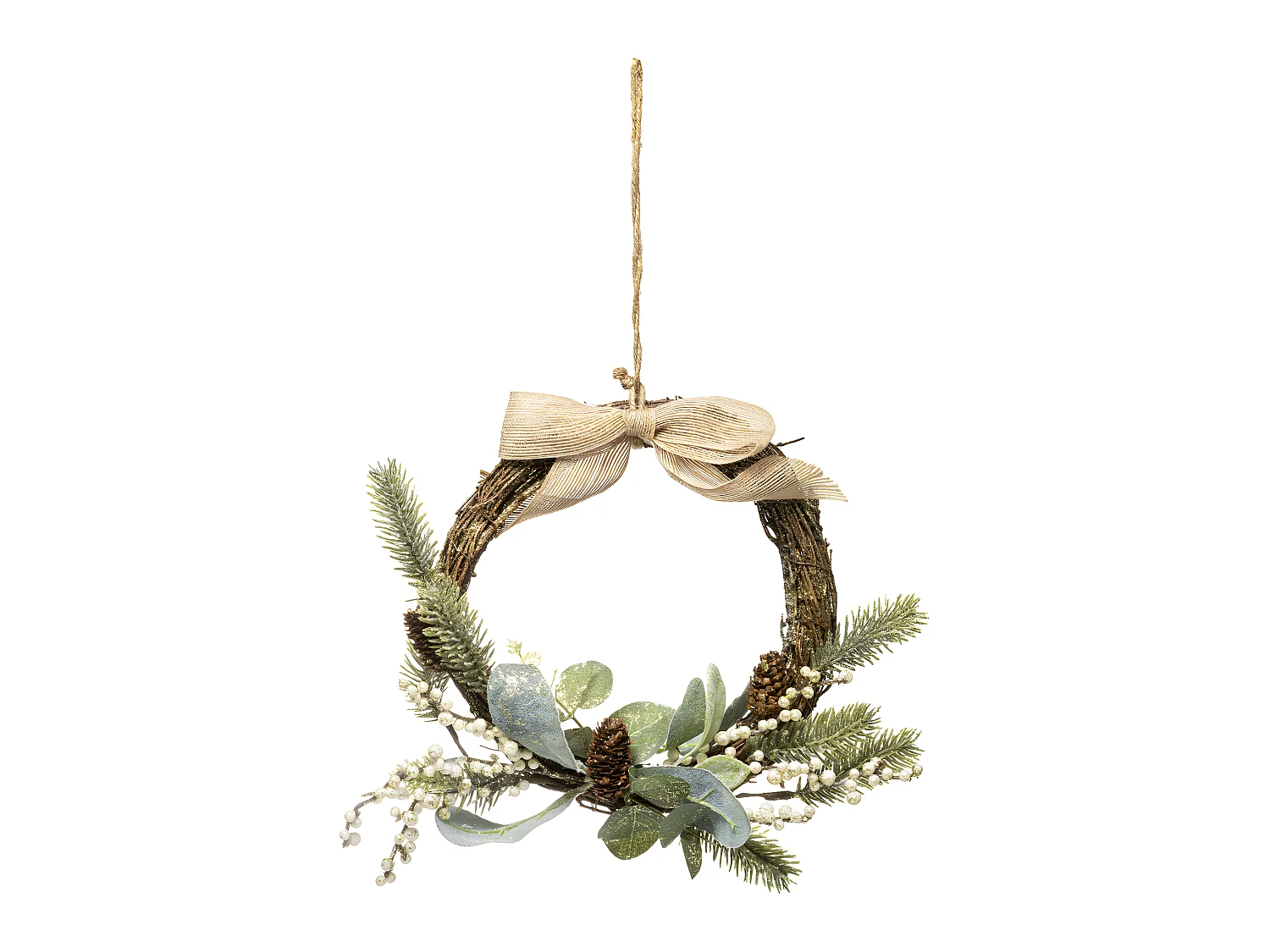 Couronne de  Noël décorée baies beige, branches et noeud en jute D 36 cm