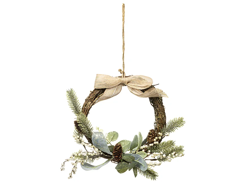 Couronne de  Noël décorée baies beige, branches et noeud en jute D 36 cm