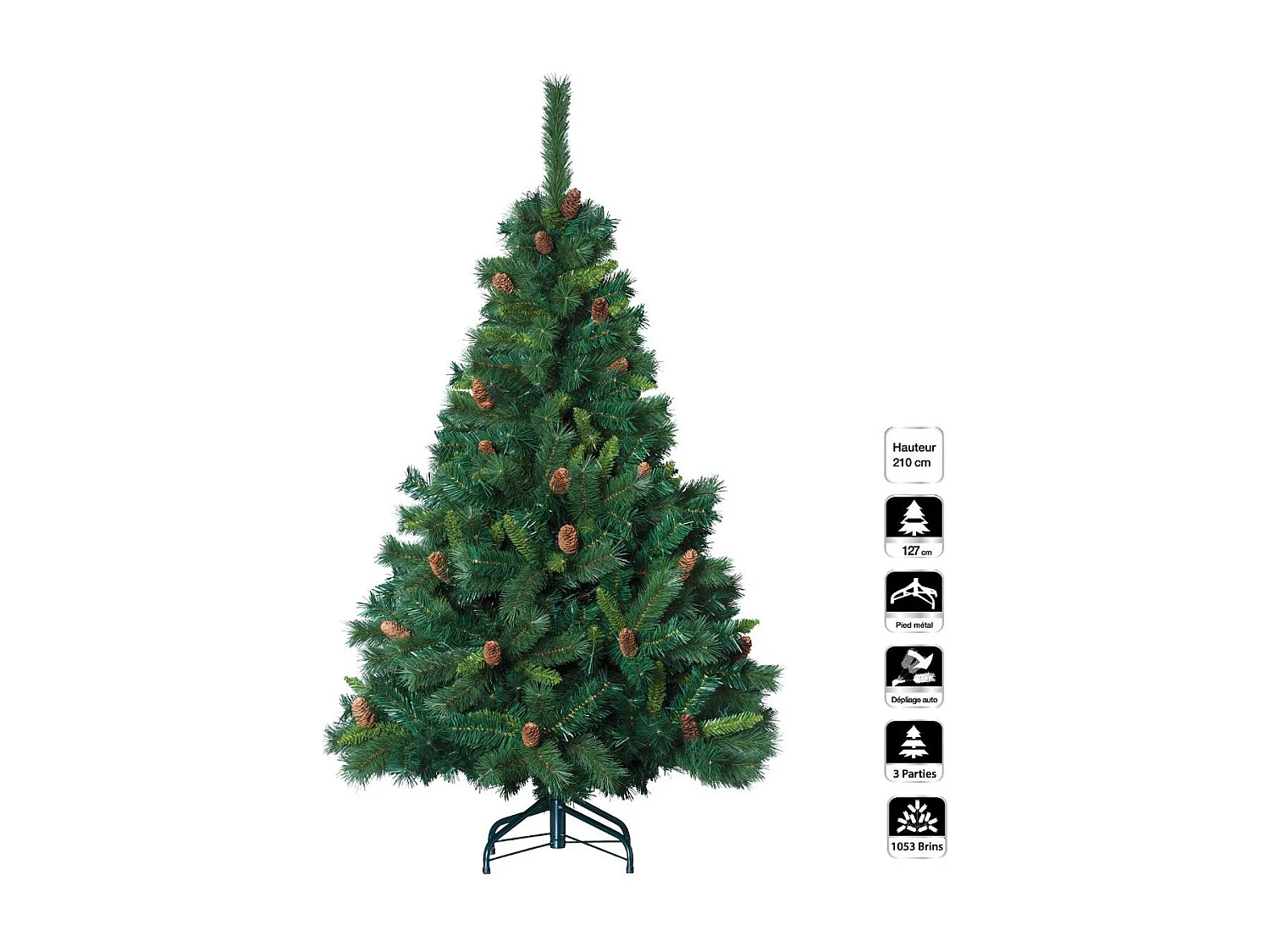 Sapin de Noël artificiel Vert avec Pommes de Pin H 210 cm