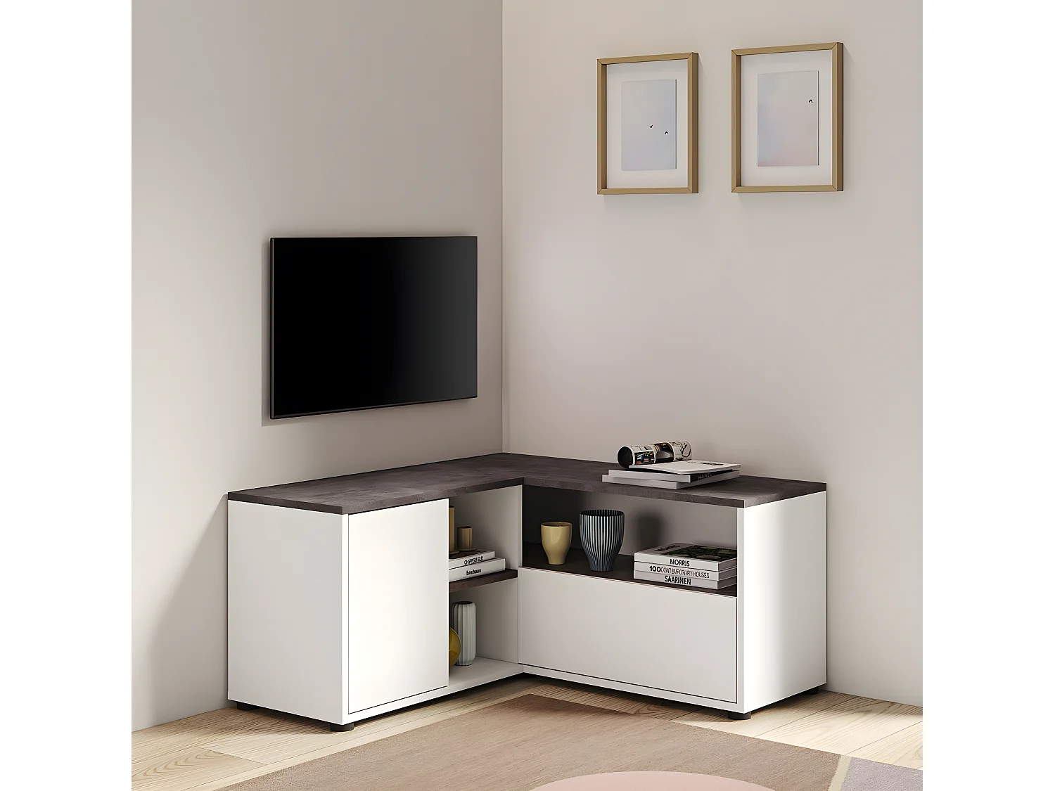 Meuble TV ANGLE 90 - blanc et béton - TEMAHOME