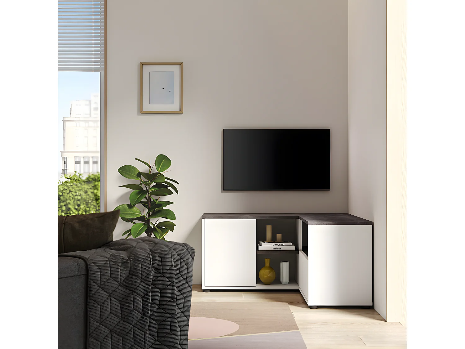 Meuble TV ANGLE 90 - blanc et béton - TEMAHOME