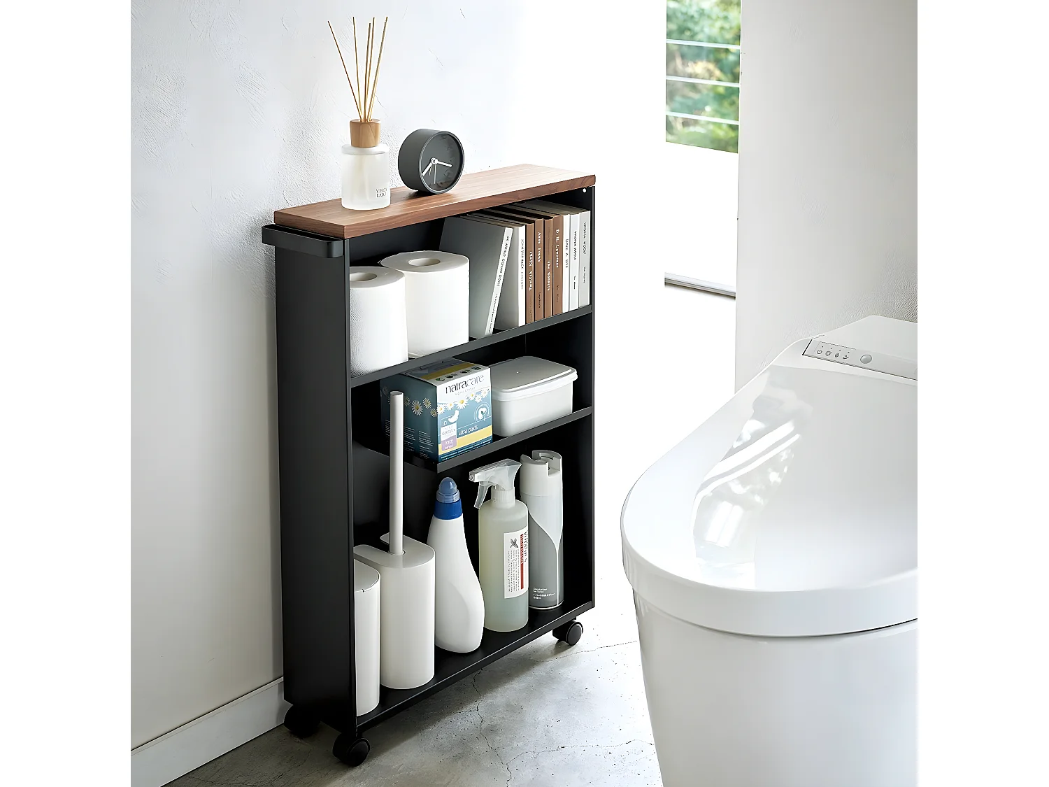 Toilettenregal mit Rollen aus Metall und Holz "Slim"