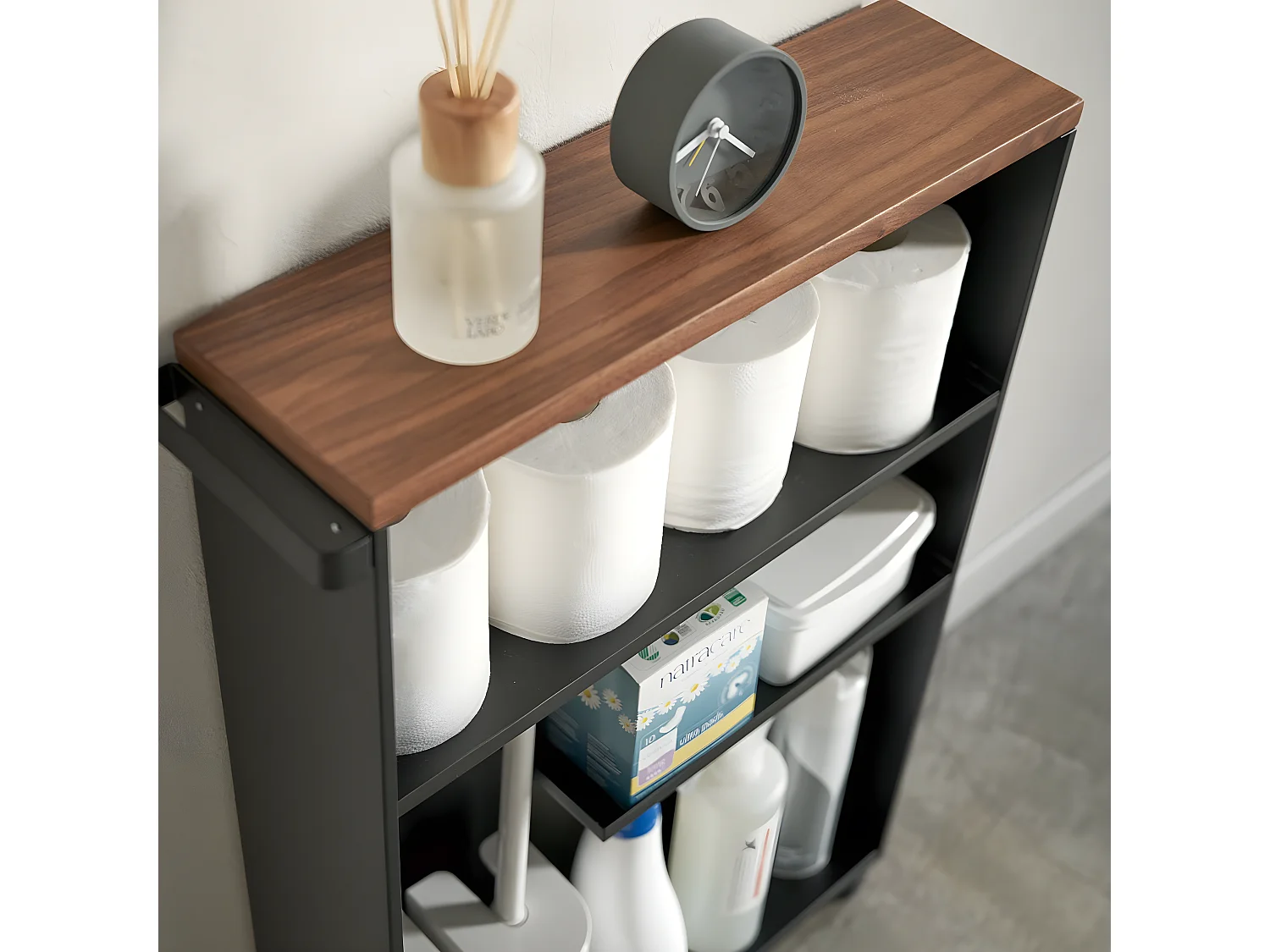 Toilettenregal mit Rollen aus Metall und Holz "Slim"