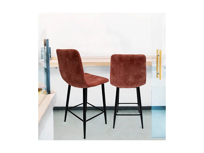 Lot 2 chaises de bar en velours rouge et piètement métal - NAMI