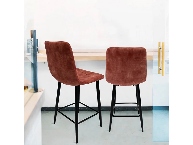 Lot 2 chaises de bar en velours rouge et piètement métal - NAMI