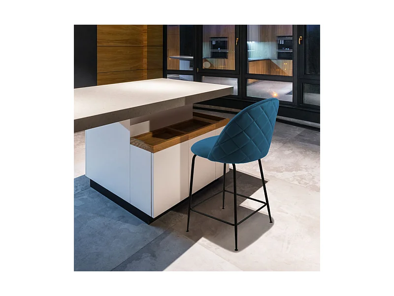 Lot de 2 chaises de bar en velours bleu piètement métal noir - FARA