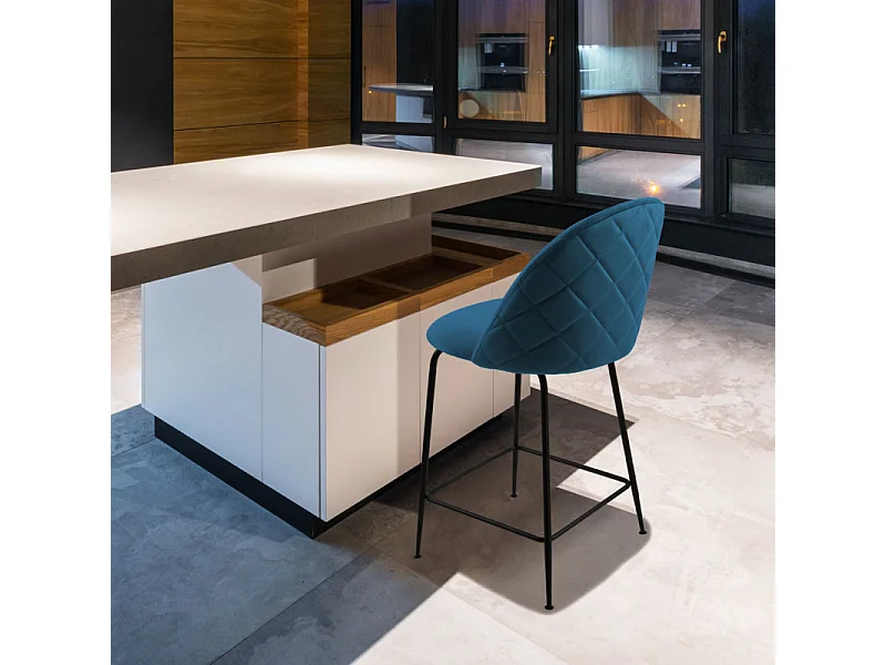 Lot de 2 chaises de bar en velours bleu piètement métal noir - FARA