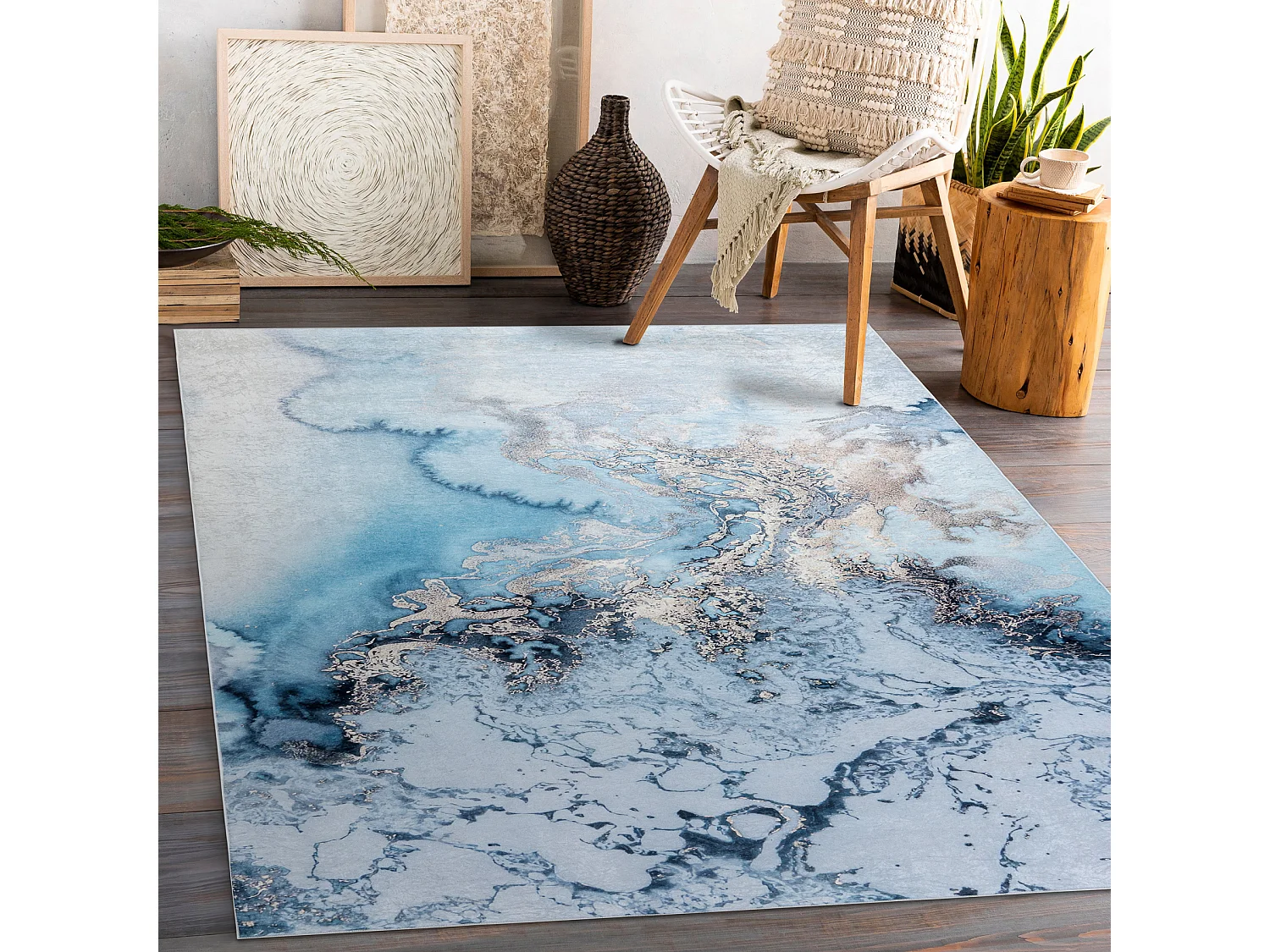 ANDRE 2248 tapijt wasbaar marmer antislip - blauw 80x150 cm