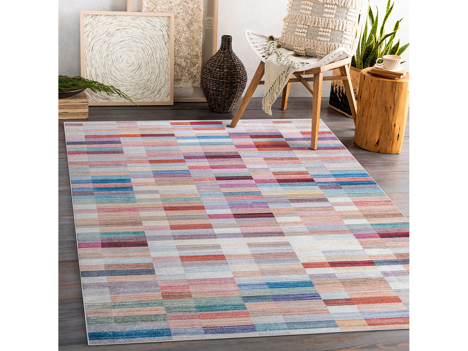 ANDRE 2295 tapijt wasbaar klaver Strips antislip - roze / blauw 120x170 cm