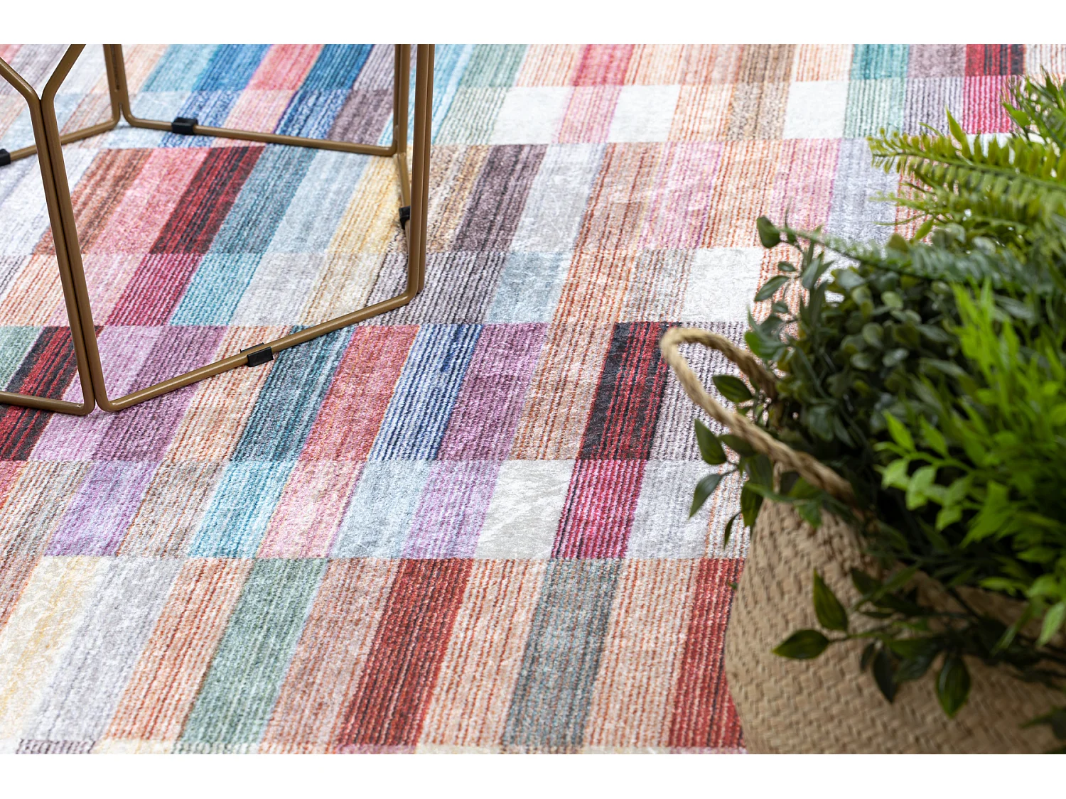 ANDRE 2295 tapijt wasbaar klaver Strips antislip - roze / blauw 120x170 cm