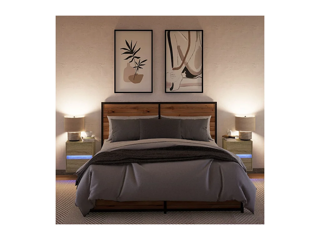 Mesitas de noche | Mesilla de noche de pared con luces LED 2 unidades roble Sonoma