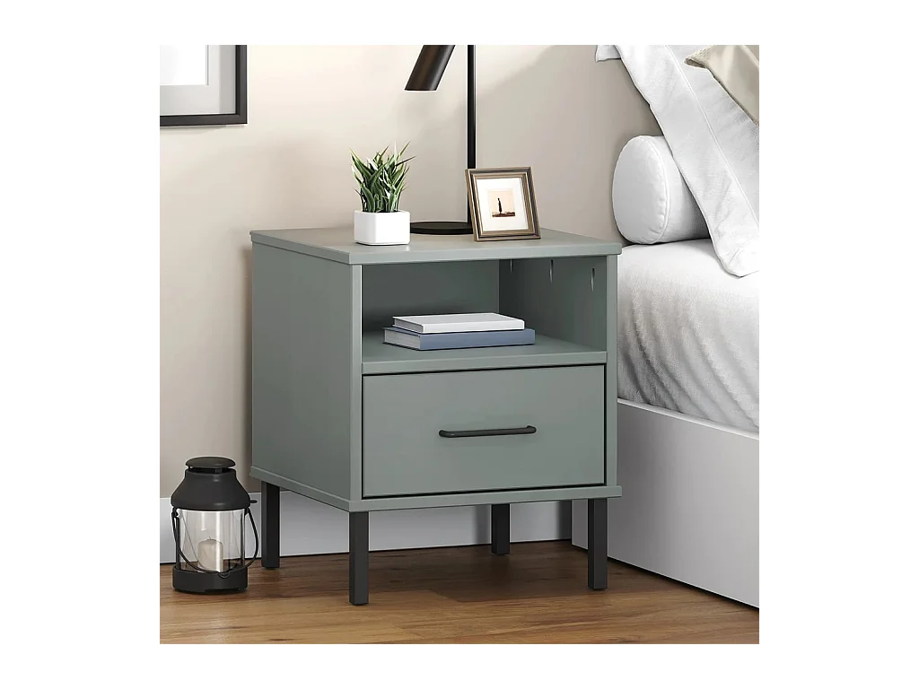 Mesita de noche | Mesilla de noche patas de metal madera maciza pino gris OSLO