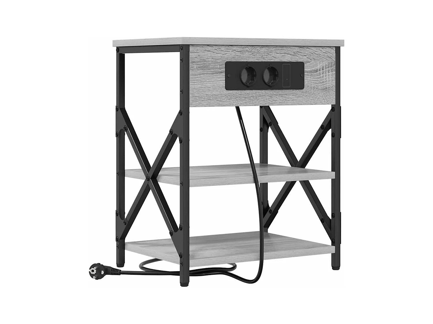 Mesita de Noche | Mesa auxiliar con Estación de Carga con estante Gris sonoma