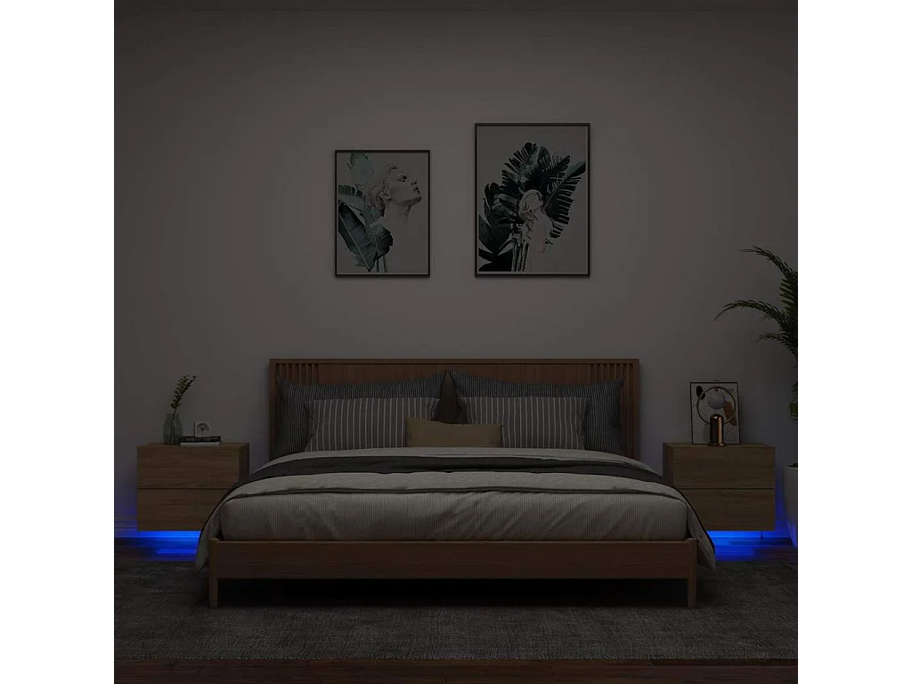 Nachttisch hängend 2er Set | Wand-Nachttische mit LED-Leuchten Sonoma-Eiche SHL14395