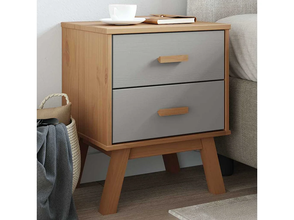 Mesita de noche | Mesilla de noche OLDEN madera maciza de pino gris y marrón