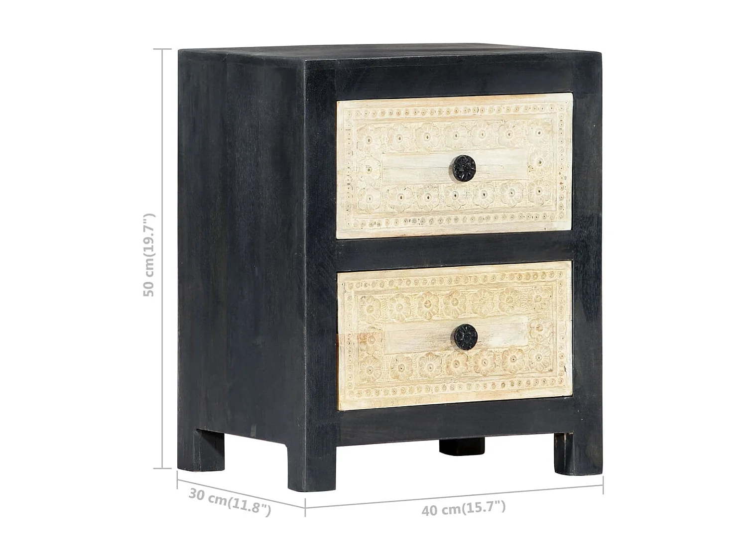 Mesita de noche | Mesilla de noche tallada madera maciza de mango gris 40x30x50 cm