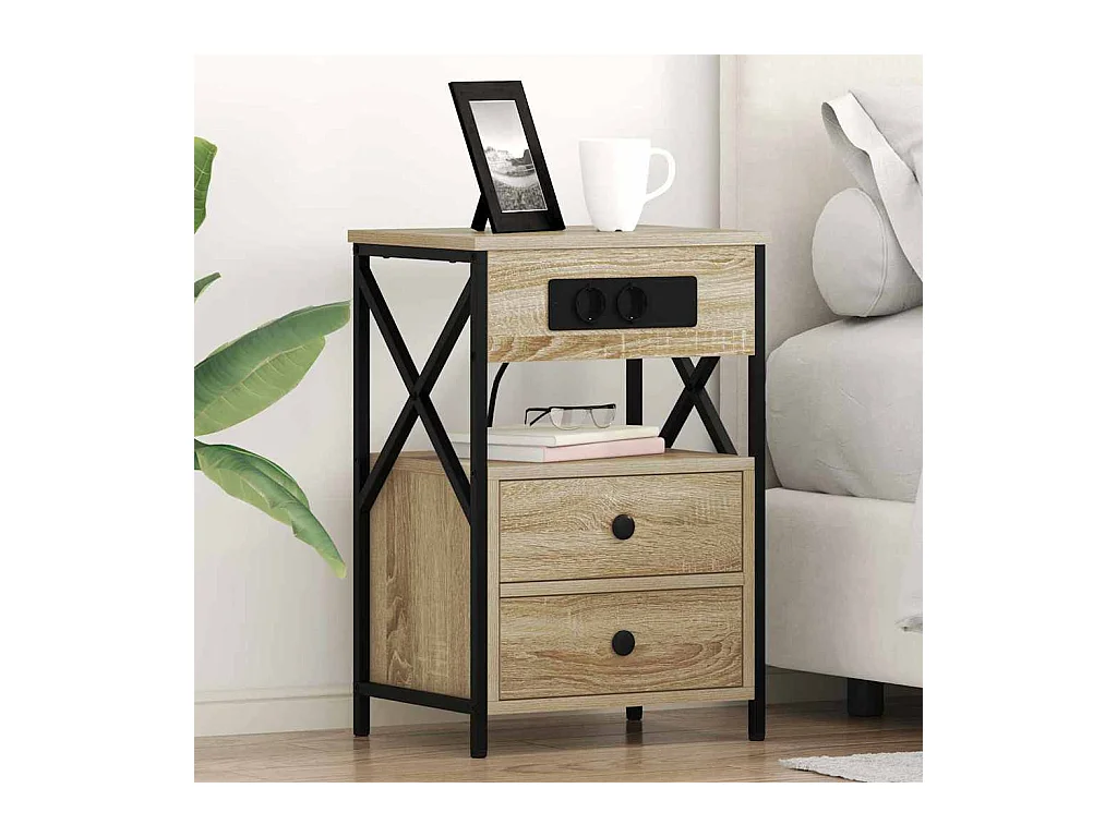 Mesita de Noche | Mesa auxiliar con Estación de Carga 2 uds. Roble Sonoma