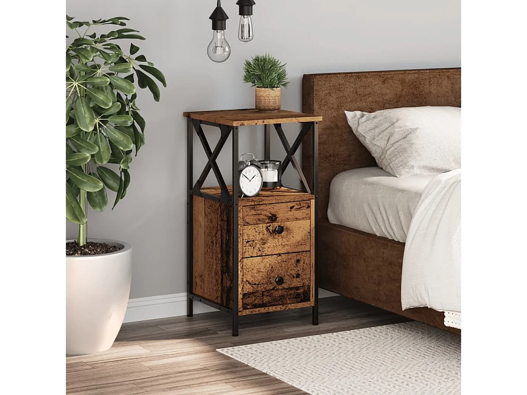 Mesita de noche | Mesilla de noche madera ingeniería envejecida 34x35,5x70 cm