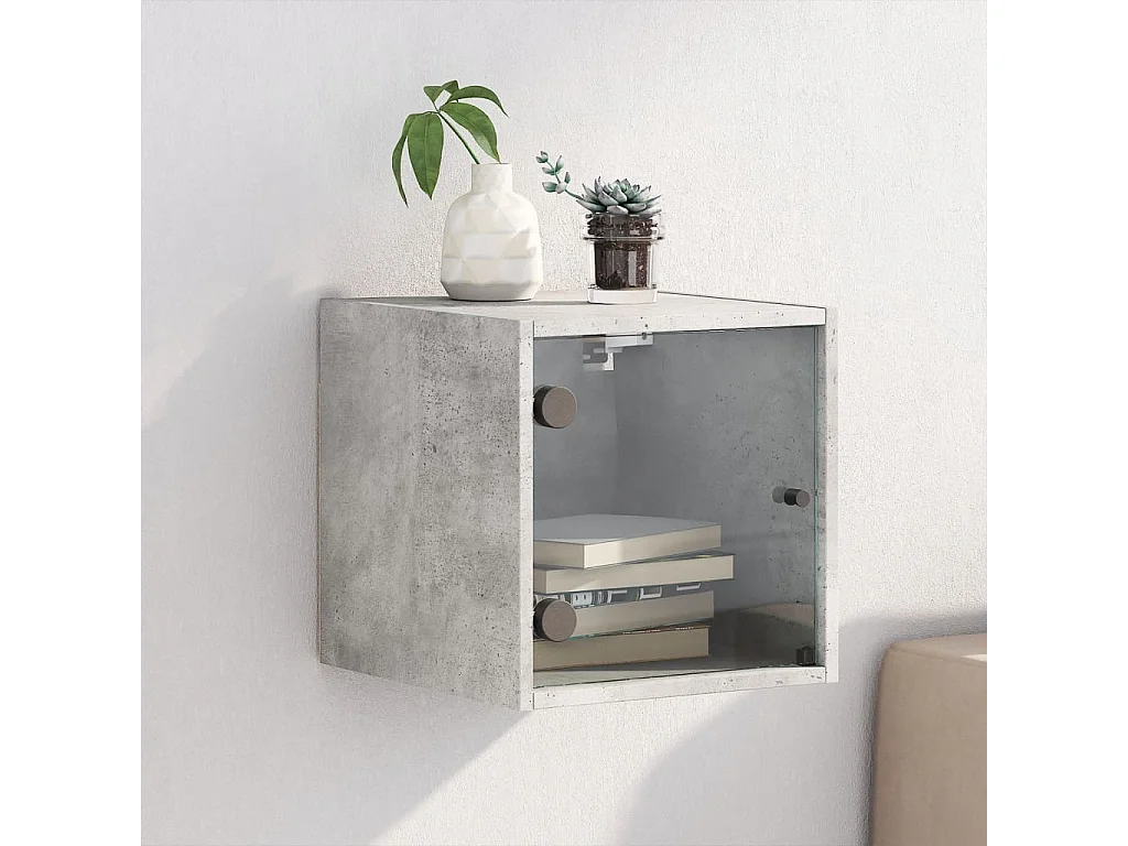 Mesita de noche | Mesilla de noche con puerta de vidrio gris hormigón 35x37x35 cm