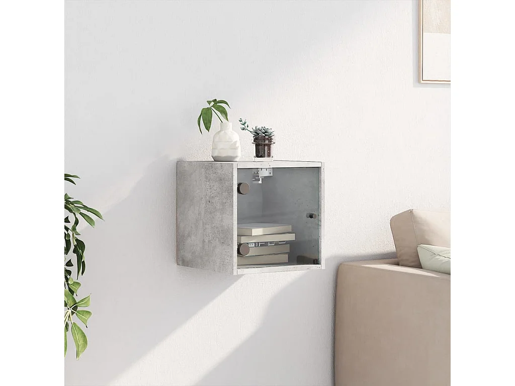 Mesita de noche | Mesilla de noche con puerta de vidrio gris hormigón 35x37x35 cm