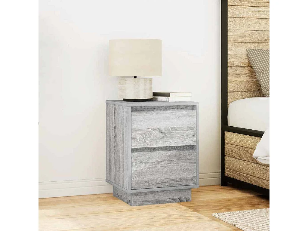 Nachttisch-Beistelltisch-Nachtschrank mit LED-Leuchten Grau Sonoma 38x34x50 cm SHL19392