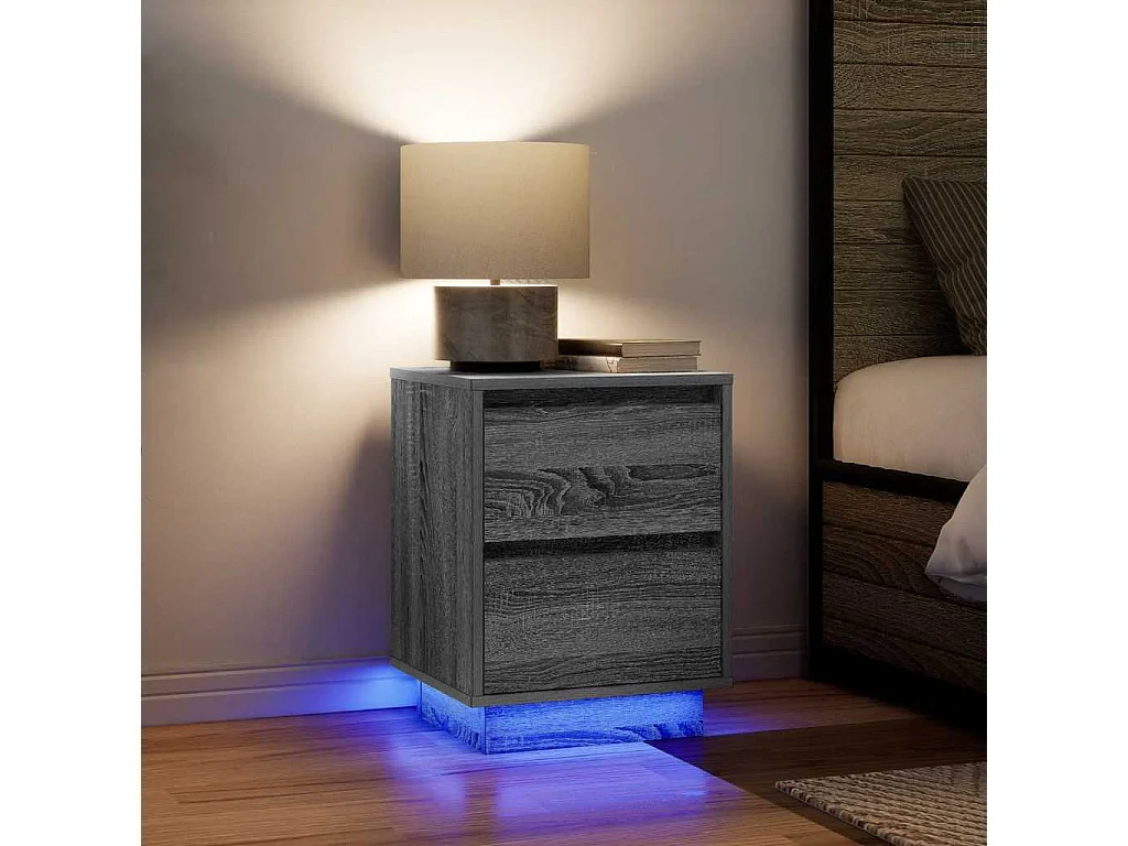 Nachttisch-Beistelltisch-Nachtschrank mit LED-Leuchten Grau Sonoma 38x34x50 cm SHL19392