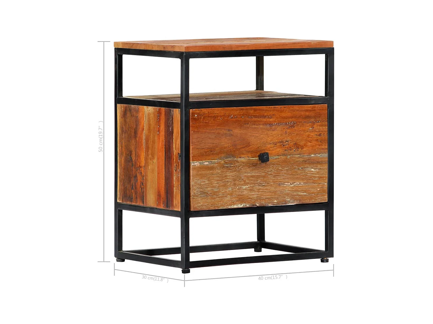 Mesita de noche | Mesilla de noche de madera maciza reciclada y acero 40x30x50 cm