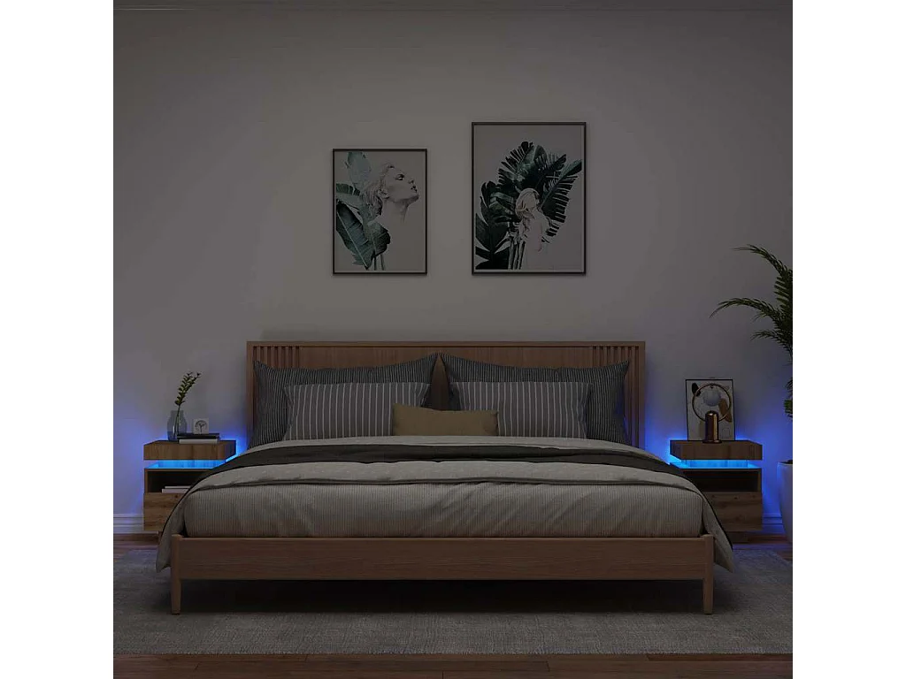 Tables de chevet lot de 2 avec rangement avec lumières LED chêne artisanal